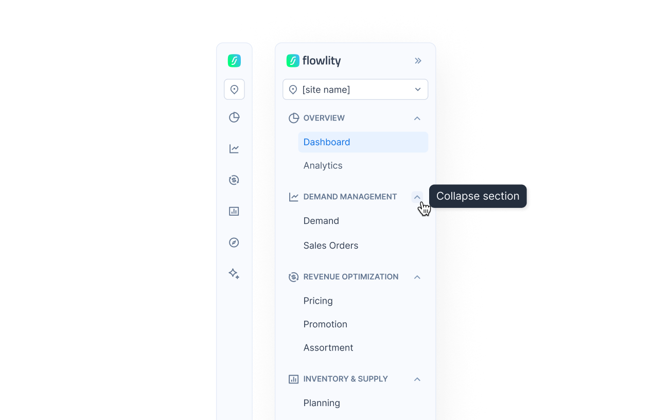 The Flowlity sidebar with its six sections: Overview, Demand management, Revenue optimization, Inventory & supply, Strategy, AI & automations