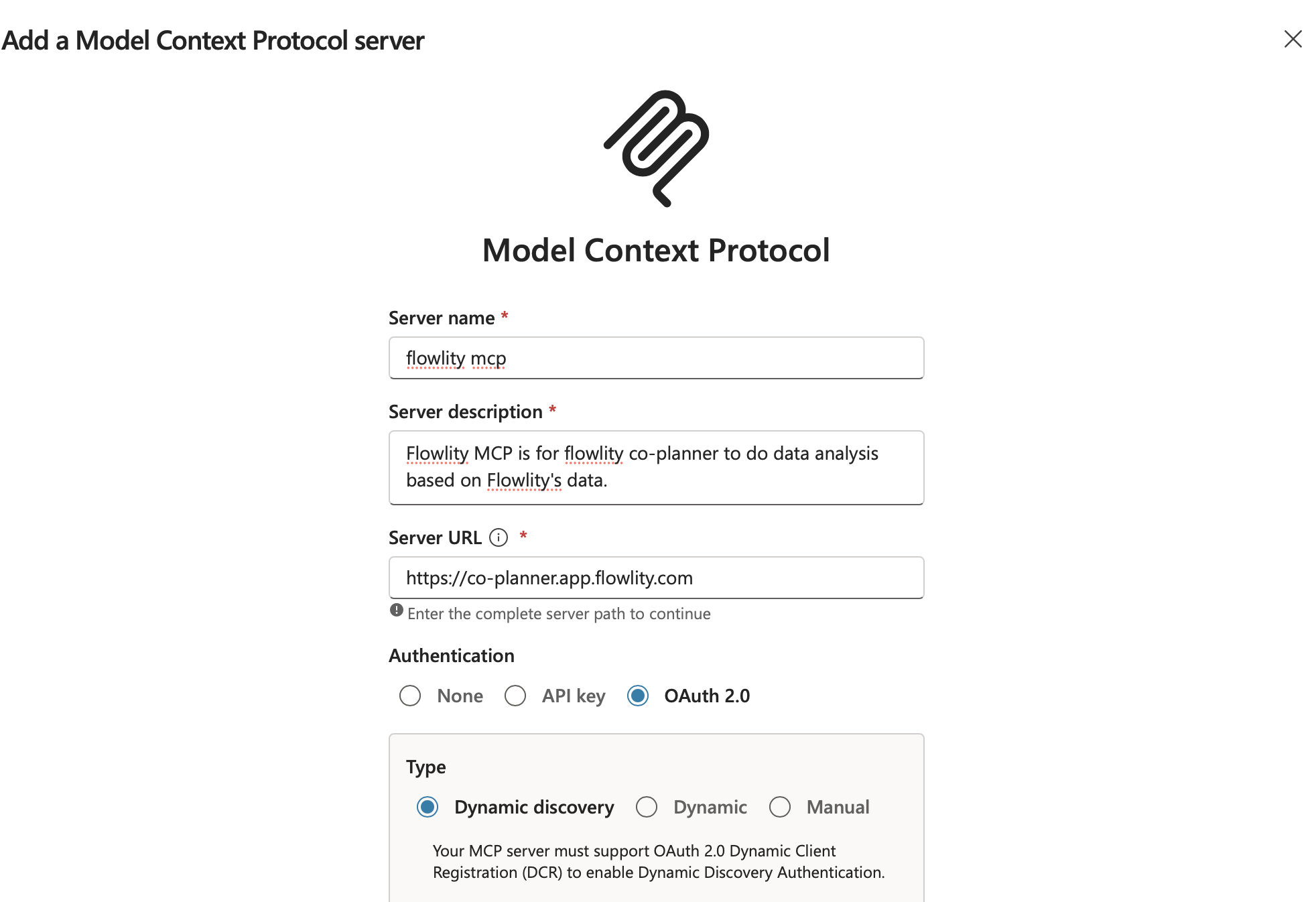 Add a Model Context Protocol server form with name, description, URL and OAuth 2.0